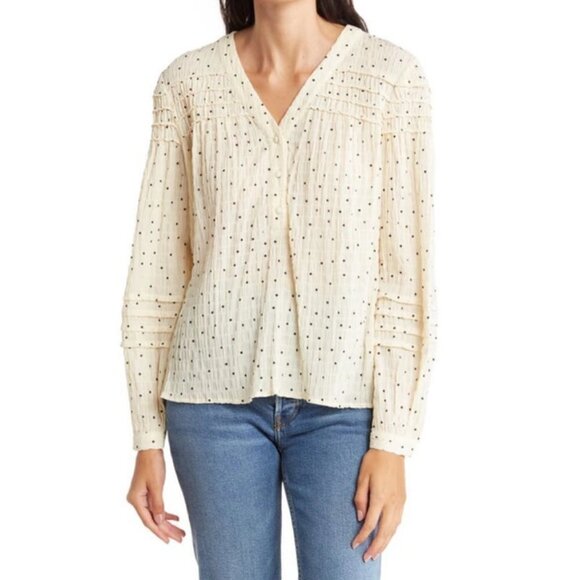 💕CURRENT AIR💕 V-Neck Long Sleeve Polka Dot Crinkle Blouse ~ Cream Medium NWOT - Picture 1 of 13